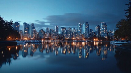 Naklejka premium Futuristic Smart City Skyline at Dusk with Reflections in Water