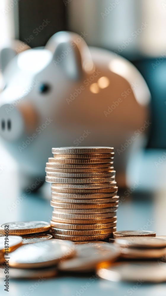 Poster stack of golden coins sits on a table with a blurred piggy bank in the background, representing fina