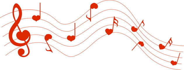 Red music notes, heart shape musical symbols, vector illustration.