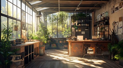 Modern dining room with city views and wide glass windows image