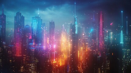 Futuristic Connected City Skyline with Colorful Light Displays