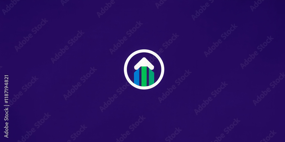 Poster a purple background with a green arrow pointing upwards. the arrow is surrounded by a circle. concep