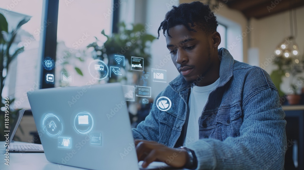 Poster african american software developer works with holographic computer in modern office, interacting wi