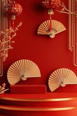 Red Festive Background Chinese New Year Fans Lanterns Stage