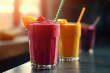 Three glasses of smoothie with raspberries, mango and orange for a healthy diet. In glass glasses standing on the table and with straws. Against the background of a kitchen window