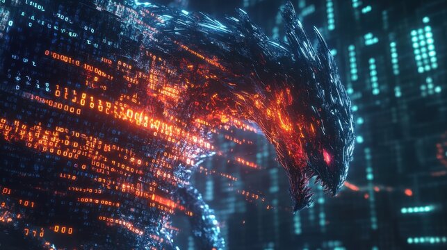 Monstrous Digital Virus Attacking Glowing Firewall