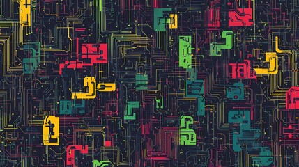 Colorful Circuit Patterns in a Seamless Cyber Design Background
