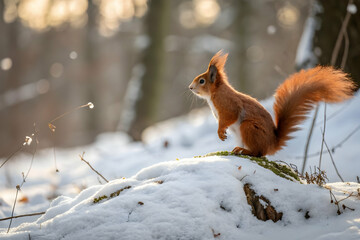 Red squirrel perched on snowy hill in winter forest