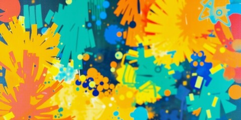 Fototapeta premium A colorful background with yellow and blue flowers and green leaves. The background is full of dots and splatters of paint