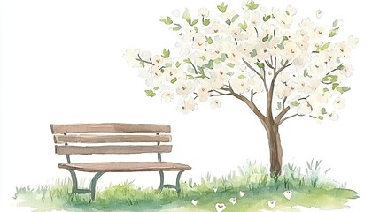 A serene watercolor illustration depicting a bench beside a blossoming tree, symbolizing tranquility and nature's beauty.