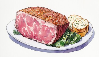 A succulent roast beef with a crispy crust, served alongside two slices of garlic bread on a bed of fresh greens, watercolor style.