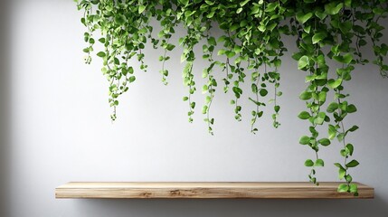 Obraz premium Wooden Shelf with Hanging Green Plants, Minimalist Home Decor
