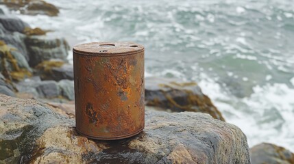 Naklejka premium Rusty Barrel on Rocky Shoreline Near Water