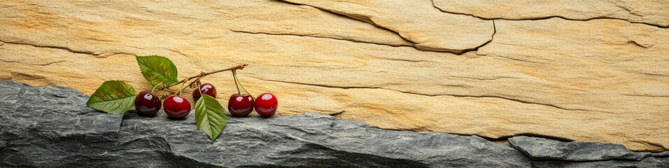 Cherries on Stone Background - Juicy cherries, vibrant leaves, rustic stone, natural texture, summer freshness.