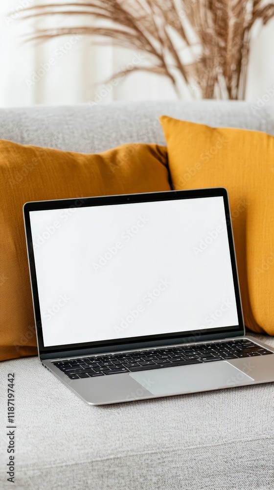 Poster Modern laptop with blank white screen placed on comfortable sofa with soft pillows in cozy living room, creating a perfect workspace for working or studying from home