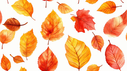 Obraz premium Cheerful watercolor seamless pattern with various autumn leaves in shades of orange and yellow creating a lively botanical aesthetic.