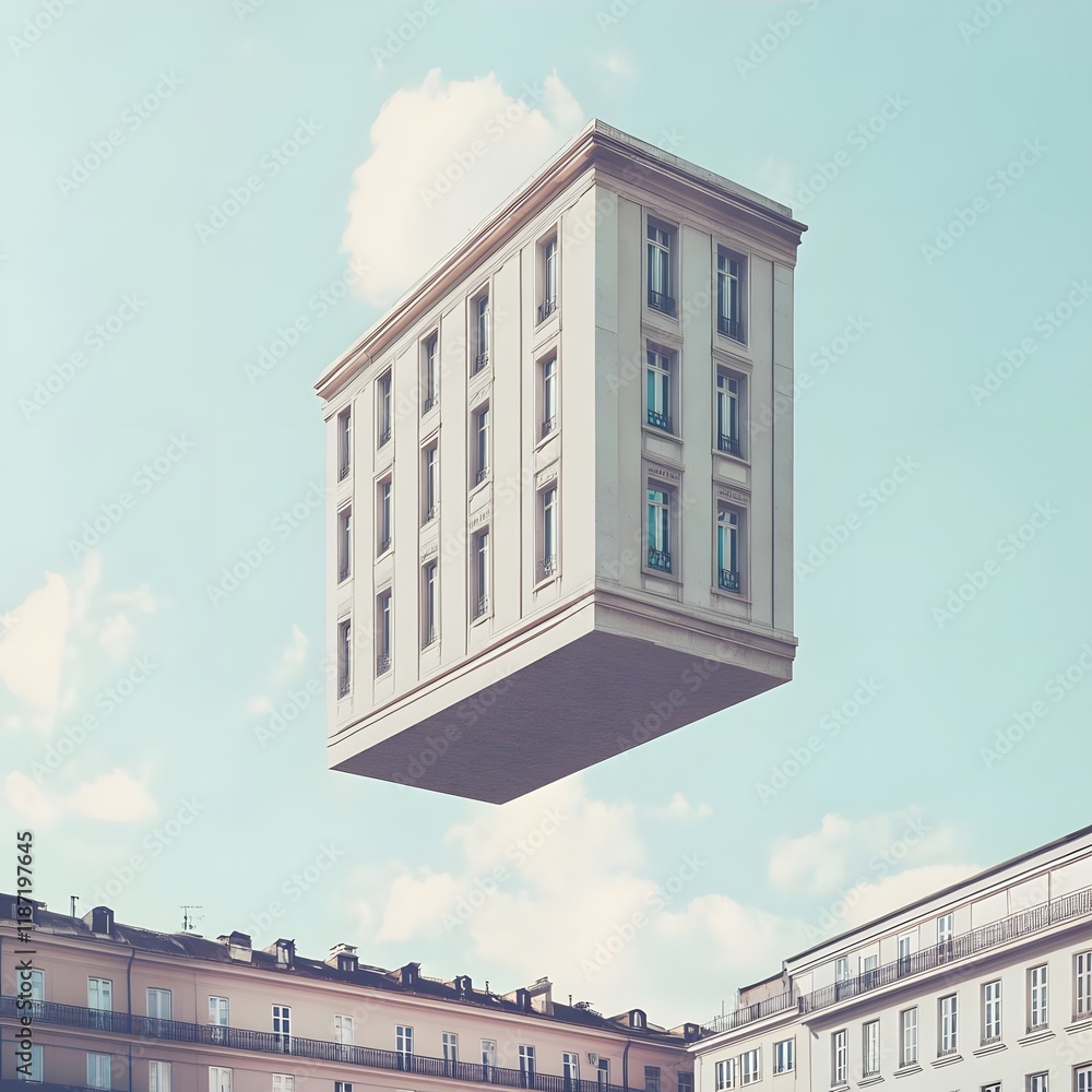 Poster a surreal floating building amidst a clear sky, blending architecture with imagination.