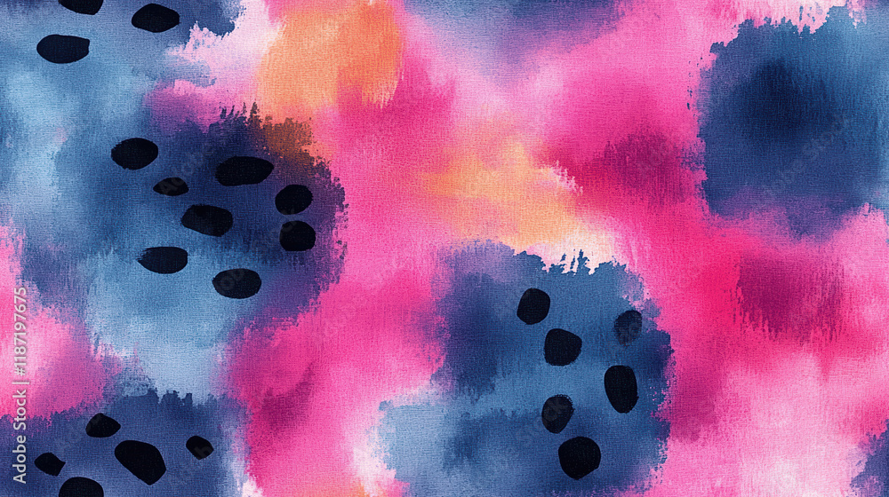 Poster enchanting watercolor seamless pattern featuring fluid pink and blue abstract shapes with playful do