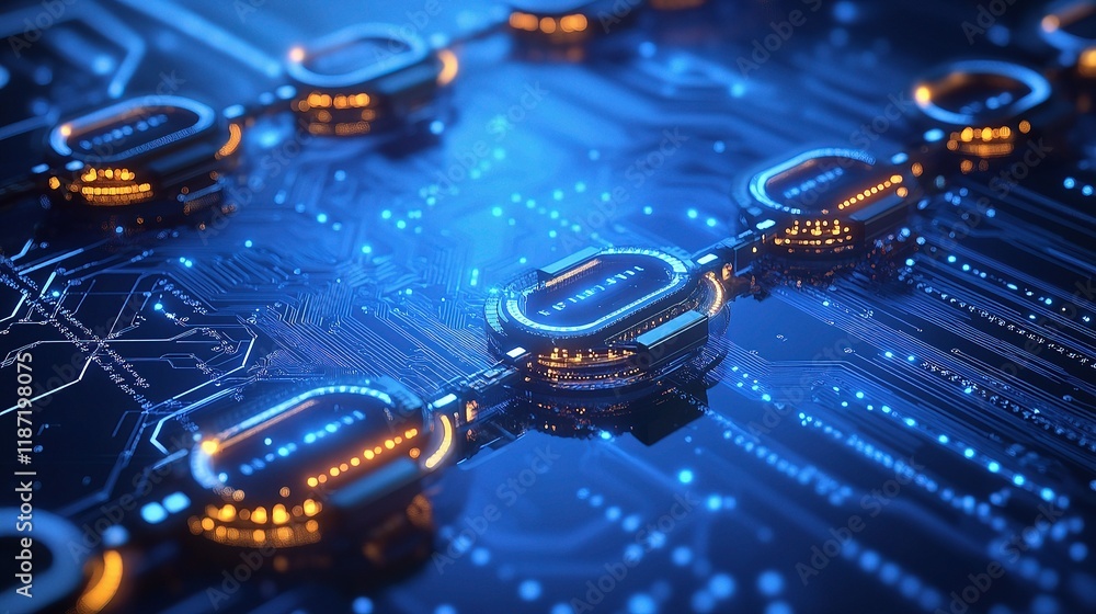 Poster futuristic circuit board design featuring blockchain technology
