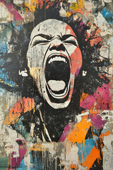 Vibrant street art depicting a woman's face screaming against a textured, colorful background.  The artwork showcases raw emotion and urban expressionism.
