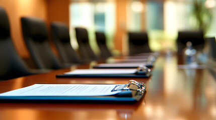 A neatly arranged boardroom table with clipboards papers and water glasses in a corporate office setting with soft natural light
