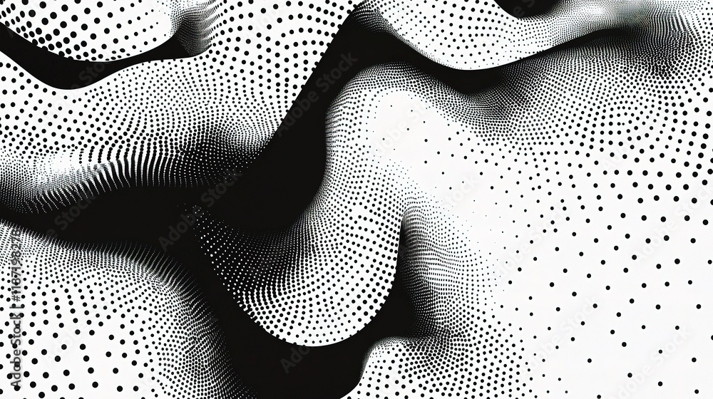 Poster flowing dots and particles forming a wave pattern in black and white