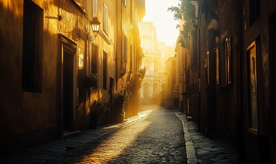 Fototapeta premium Sunlit cobblestone alleyway, Roman architecture, hazy sunrise. Travel, tourism