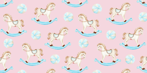 Seamless watercolor pattern with baby rocking horses and ball in blue tones. The pattern is handmade, suitable for children's products, textiles, interior decor and holiday accessories.