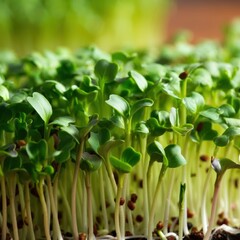 Obraz premium Micro greens sprouting, macro photography, shallow depth of field, vibrant green leaves, soft bokeh background, golden light, organic growth, fresh seedlings, nutritious superfoods, garden close-up, n