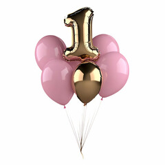 A soft pink and gold balloon bouquet with the number "1" for a first birthday, isolated on a black background in digital art.