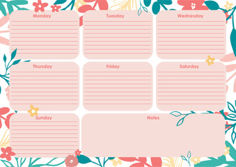 Weekly schedule with colorful plants and flowers. Vector illustration