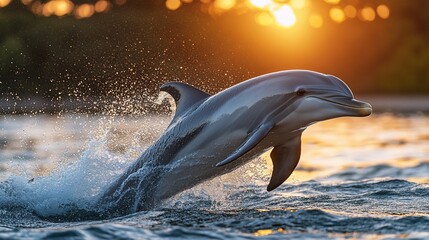 Obraz premium Dolphin Leaping at Sunset: A Majestic Marine Moment