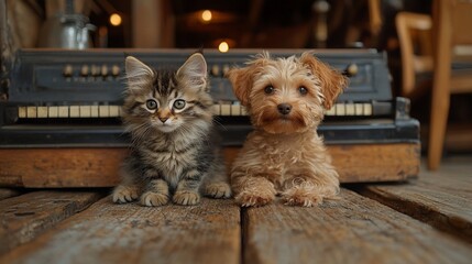 Kitten and puppy sitting on wooden surface near old piano.