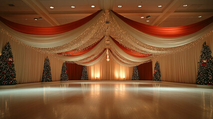Ballroom decorated with elegant draping and fairy lights glowing against christmas trees, festive celebration space