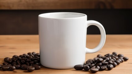 White coffee mug on wooden table with coffee beans. Perfect for coffee shop, cafe, or beverage menu design