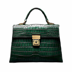 Green crocodile leather handbag with a gold lock, front view on a black background, captured in hyper-realistic detail, perfect for luxury product shots in high resolution.