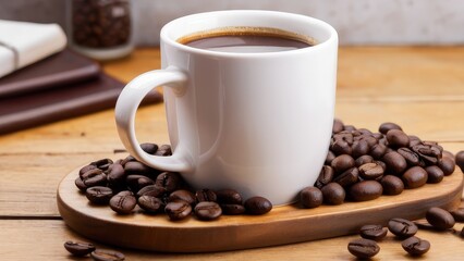 Fototapeta premium White coffee mug on wooden table with coffee beans. Perfect for coffee shop, cafe, or beverage menu design