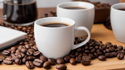 Fototapeta premium White coffee mug on wooden table with coffee beans. Perfect for coffee shop, cafe, or beverage menu design