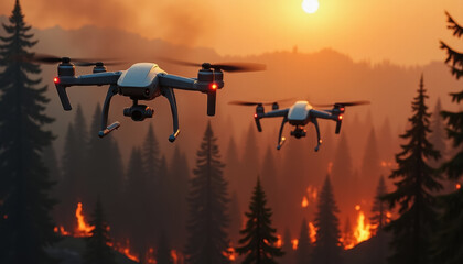 Two drones flying over a blazing forest fire during sunset, surrounded by thick smoke and burning trees, symbolizing technological intervention in environmental emergencies