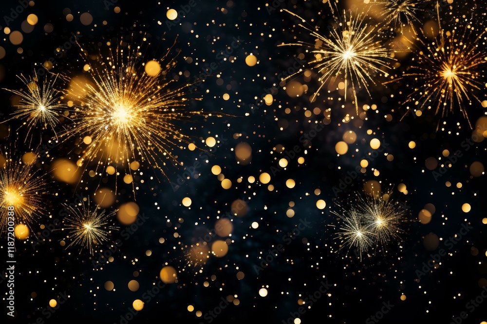Poster golden fireworks exploding against dark background with bokeh lights, creating festive atmosphere fo