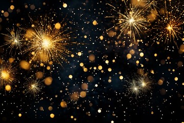 Naklejka premium Golden fireworks exploding against dark background with bokeh lights, creating festive atmosphere for new year's eve or other celebrations