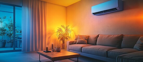 Cozy Evening Ambiance: Modern Living Room with Air Conditioning and Warm Lighting