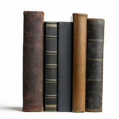Naklejka premium Five old books with leather covers are standing upright on a white background