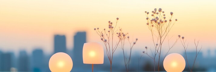 Surreal Rooftop Garden at Pastel Twilight with Illuminated Art Installations
