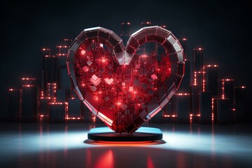 Red low poly heart emitting small digital hearts in a futuristic city