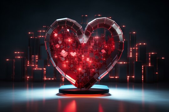 Red low poly heart emitting small digital hearts in a futuristic city