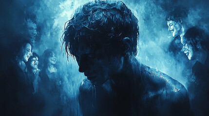 Portrait of a young man surrounded by spectres of people laughing at him. Conceptual image of bullying