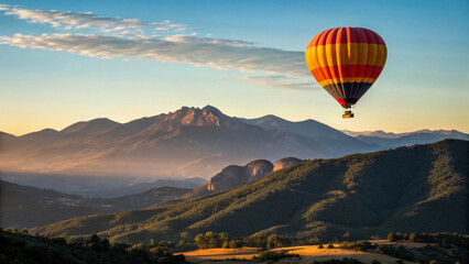 Hot air balloon flying over a scenic mountain landscape with rolling green hills and a clear blue sky, evoking adventure, freedom, and natural beauty