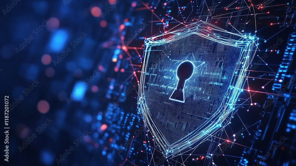 Poster digital cybersecurity concept with shield and polygonal lines
