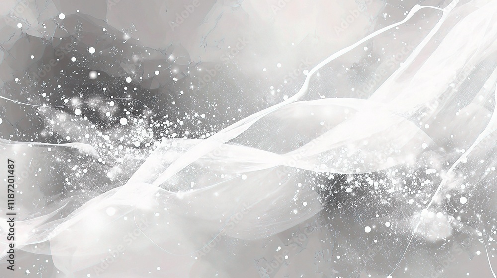 Poster abstract gray background with flowing white particles and lines